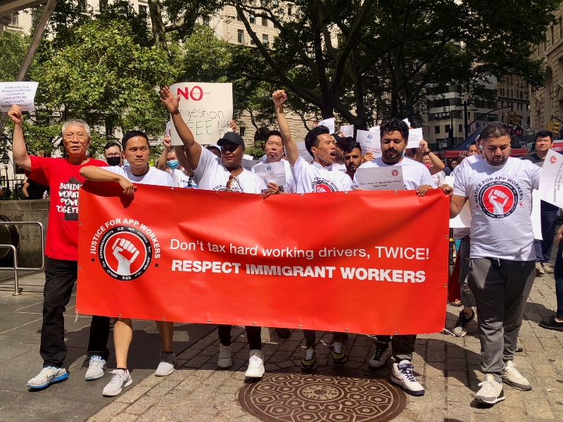 image of NYC rideshare drivers protesting against the MTA's proposed congestion fees